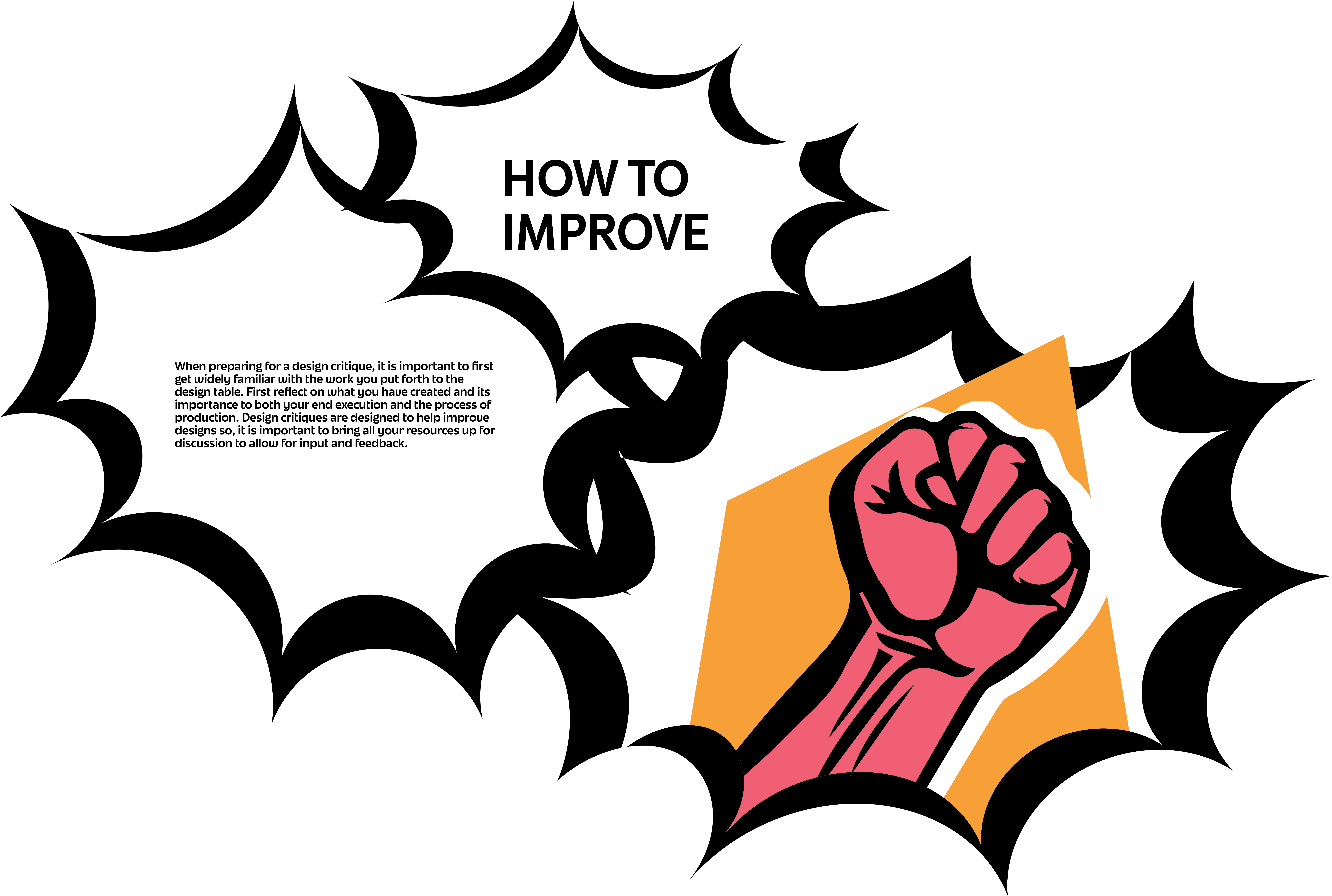 how to improve:When preparing for a design critique, it is important to first get widely familiar with the work you put forth to the design table. First reflect on what you have created and its importance to both your end execution and the process of production. Design critiques are designed to help improve designs so, it is important to bring all your resources up for discussion to allow for input and feedback.